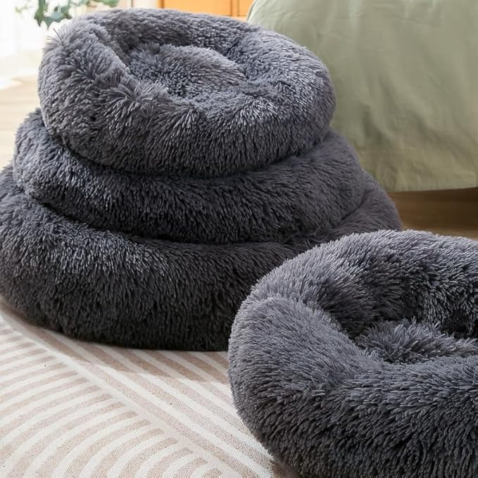 Cat Bed Pet Bed Fluffy Round Dog Bed Rabbit Bed Dog Small Bed Donut Non-Slip Calming Soft Donut Cuddler Cushion Self Warming for Small Dogs Kittens for 5Kg Pet
