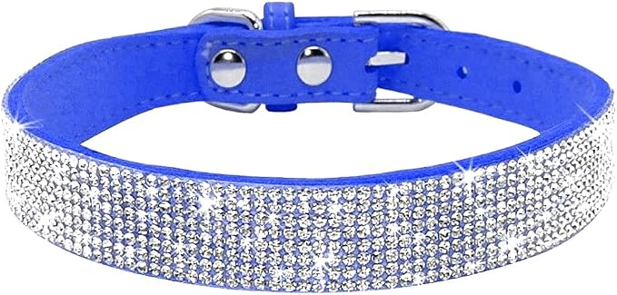 Rhinestone Dog Collar, Cute Dazzling Sparkling Soft Suede Leather Dog Cat Rhinestone Collar Crystal Diamond Pet Dog Puppy Collar (XXS, Dark Blue)