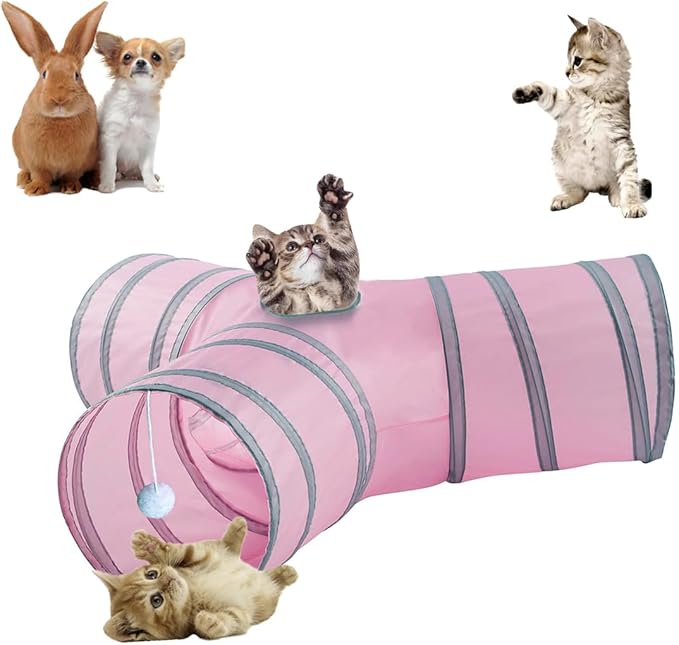 3-Way Collapsible Cat Tunnel Tube Toy Pink — Interactive Play Tunnel with Hanging Ball & Peek Hole for Indoor Cats, Kittens, Puppies & Rabbits | Hours of Fun & Exercise