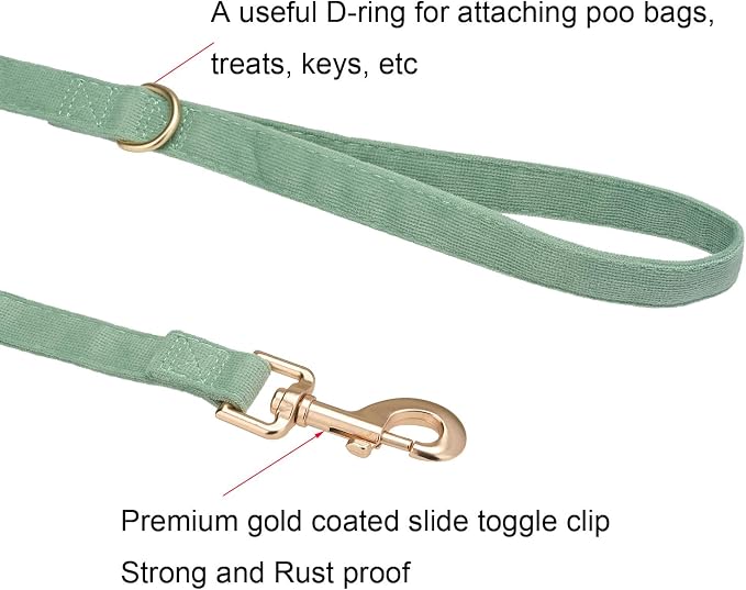 Soft Corduroy Dog Collar and Leash Set Adjustable Durable Dog Collars with Metal Buckle and Lead for Large Dogs,Grass Green