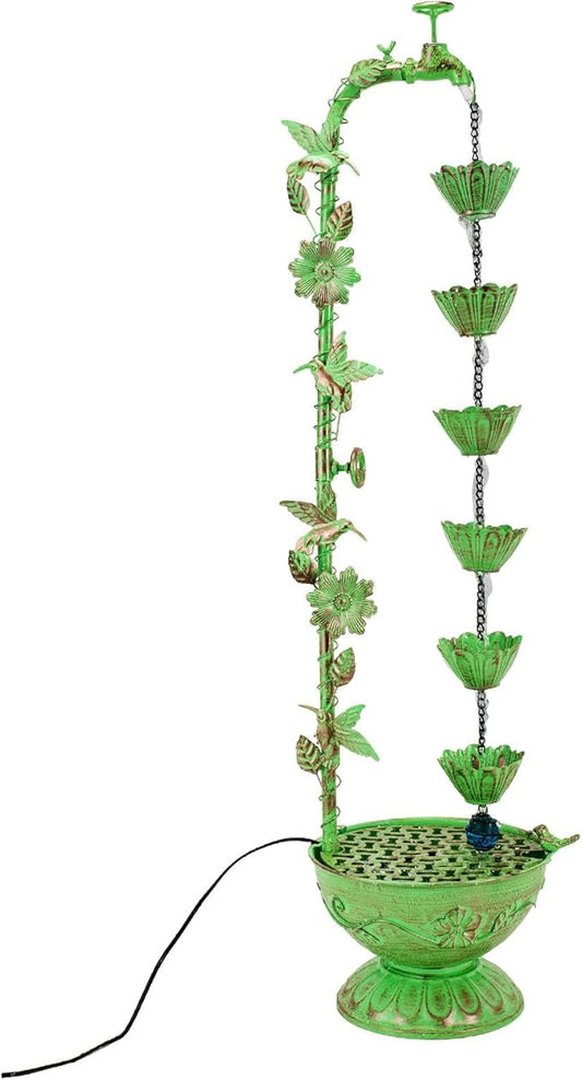 41" H Outdoor Tiered Water Fountain, Faucet-Shape Floor Standing Fountains with 6 Hanging Lotus Cups, Indoor Cascading Water Fountain Feature for Garden Yard Home Decor