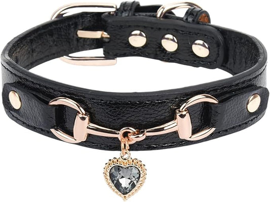 THAIN Fashion Dog Collar with Bling Diamonds & Heart Charm – 5 Holes Adjustable PU Leather Rhinestones Necklace Collar, Gold Buckle for Medium Dogs Girl boy (Black, M)