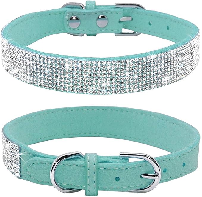 Rhinestone Dog Collar, Cute Dazzling Sparkling Soft Suede Leather Dog Cat Rhinestone Collar Crystal Diamond Pet Dog Puppy Collar(Blue,S)