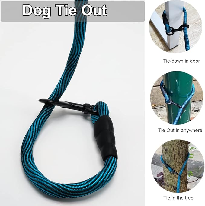 BTINESFUL Tie-Out Check Cord Long Rope Dog Tether, 8ft 12ft 20ft 30ft 50ft 75ft Recall Training Dog Lead for Yard, Large Medium Dogs Outdoor Playing, Camping, or Backyard (50ft, Blue Black)