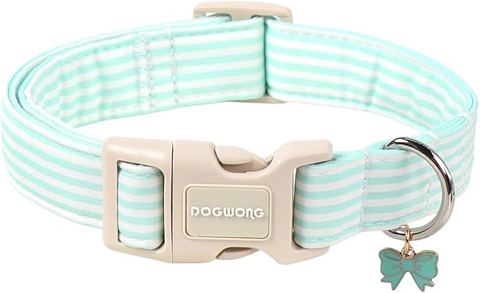 DOGWONG Green Dog Collar, Spring Summer Stripped Dog Collar with Plastic Buckle, Soft Cotton Dogs Collars for Medium Lrage Dogs, Neck 39-60 inches
