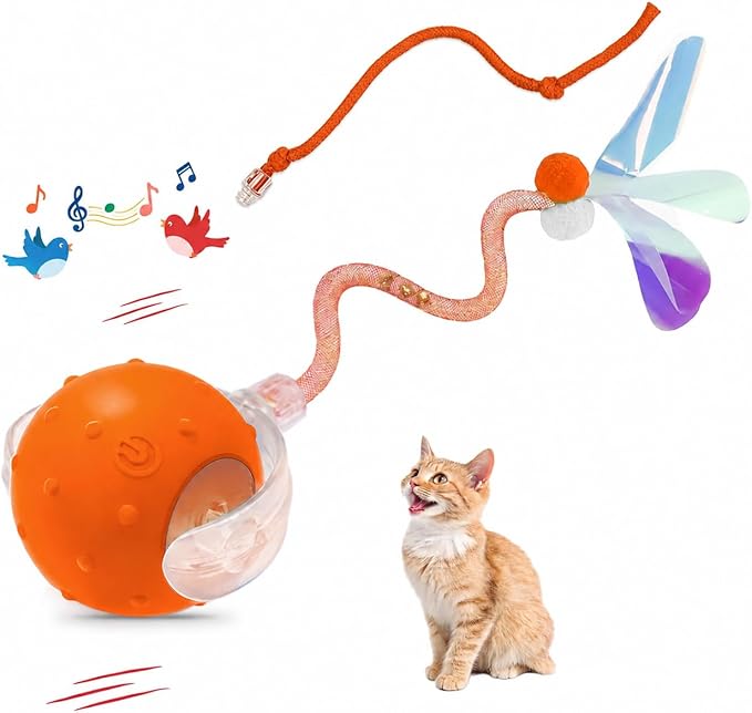 Interactive Automatic Cat Toy Ball with Chirping, 2 Tails & 2 Speeds - USB Rechargeable，Motion Activated Self Play Toy with Random Movement for Bored Indoor Cats, Kitten & Adult Cat Entertainment