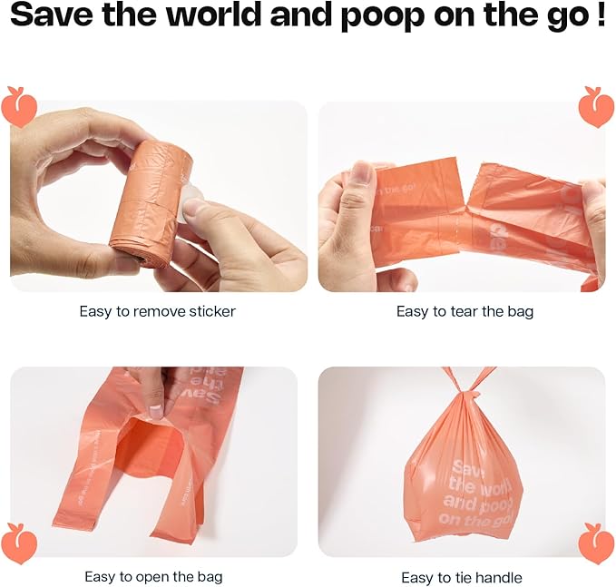 Deo Doo Dog Poop Bags with Handles 60 Rolls 720 Counts Big Sizes Leak Proof and Extra Thick Waste Bags Refill Rolls for Walking Small Medium Large Dogs Cats Litter With 2 Dispensers Peach Scented