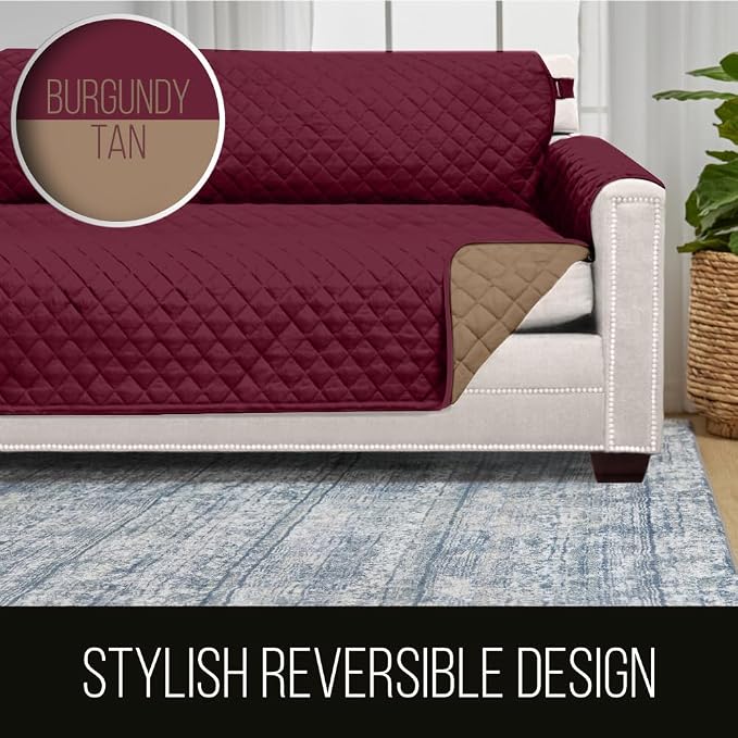 Sofa Shield® Couch Armchair Covers for Dogs, Reversible Furniture Protector with Strap, Stain and Tear Resistant Cushion Cover, 48 inch Seat, Machine Washable Slipcover Pets, Cats, Burgundy Tan