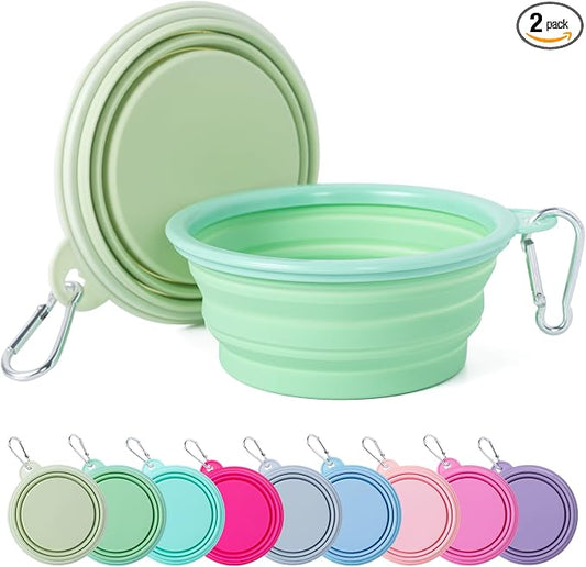 SLSON Collapsible Dog Bowl, 2Pack Macaron Color Pet Travel Bowls Silicone Foldable Water Feeder Dish for Small to Large Dogs Cat Walking Hiking Camping (Macaron Light Green and Light Yellow, Small)