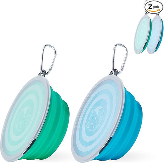 SLSON Dog Bowls Pet Collapsible Bowl with Cover Lids,2 Pack Dog Travel Bowls Portable Foldable Cat Water Dish Bowl for Pets Walking Parking Camping (Light Blue and Green, Medium)