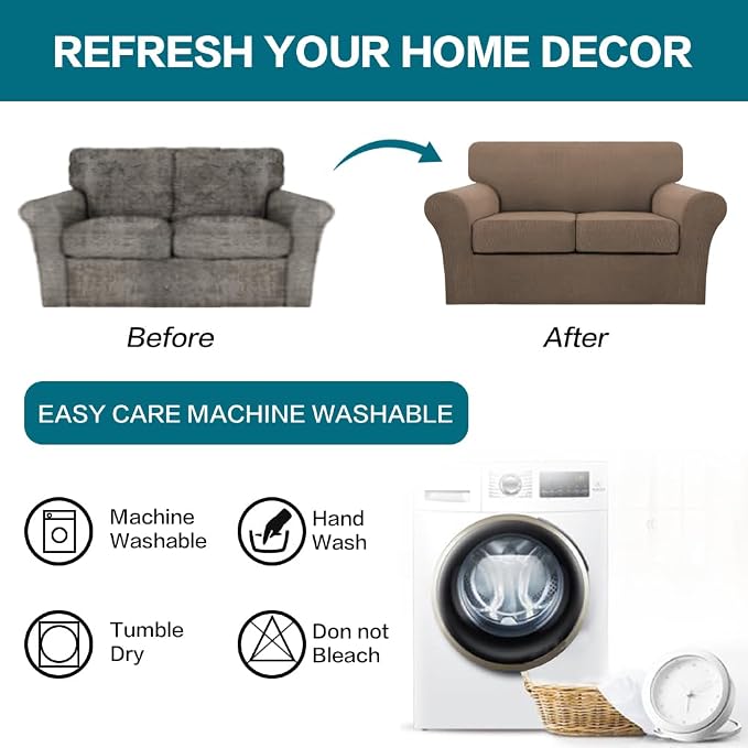 Turquoize 3 Piece Sofa Covers for 2 Cushion Couch Sofa Slipcover Soft Couch Cover for Dogs-Washable Sofa Furniture Cover with 2 Individual Cushion Covers, Feature Fabric (2 Cushion Sofa, Macchiato)
