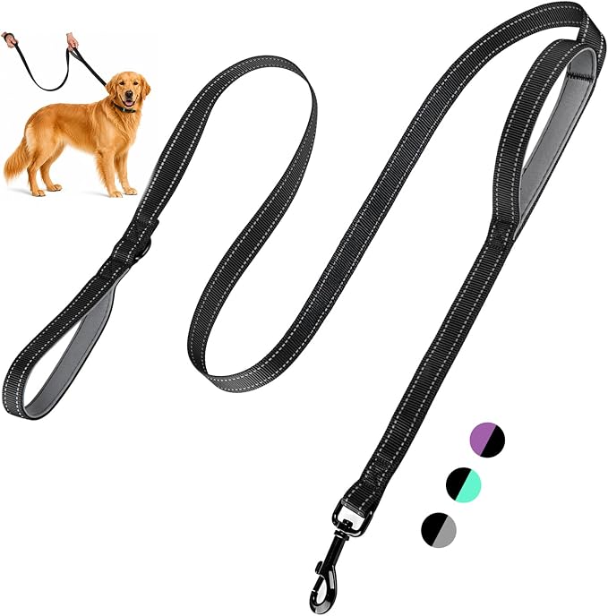 2-Handle Dog Leash Heavy Duty, Traffic Control & Night Safety Reflective Lead for Mid Large Dogs, Comfort Padded Grip Dog Leashes for Walking and Training(6 FT x 1" Wide Black+Grey)
