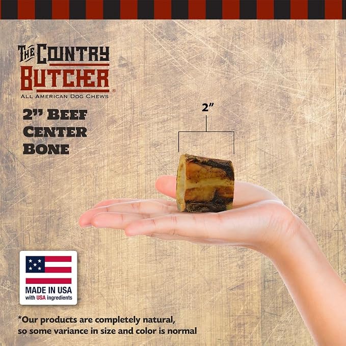 THE COUNTRY BUTCHER 2" Beef Marrow Dog Bones for Aggressive Chewers, Medium Breed Dog Treat, Natural, Tough, Chew Toy, Made in the USA, 12 Count