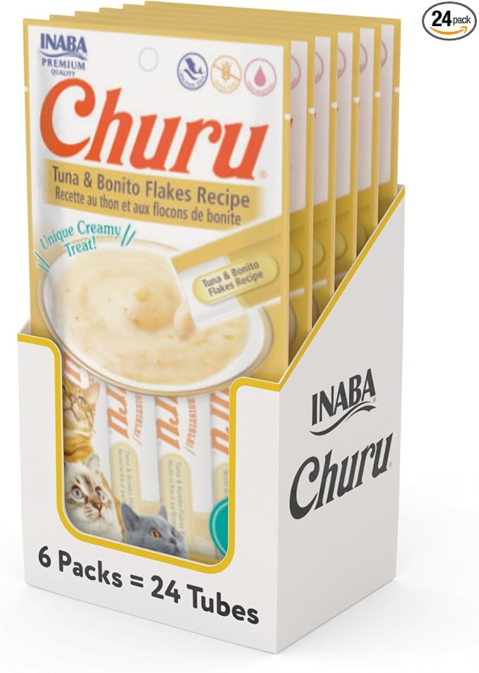 INABA Churu Cat Treats, Grain-Free, Lickable, Squeezable Creamy Purée Cat Treat/Topper with Vitamin E & Taurine, 0.5 Ounces Each Tube, 24 Tubes (4 per Pack), Tuna with Bonito Flakes Recipe