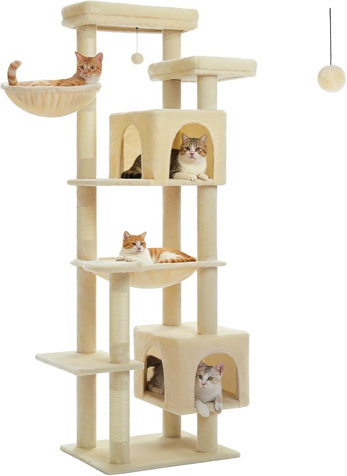 69” Tall Cat Tree for Indoor Cats Large Adult, Multi-Level Cat Tower with Scratching Post, Dual Top Perches, Big Hammock & 2 Spacious Condos, Cat Furniture for Multi-Cat Households, Beige