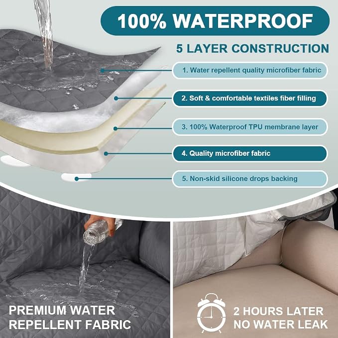 Turquoize 100% Waterproof Sofa Covers Chaise Lounge L Shape Sofa Protector Slip Cover Triple Non-Slip Sofa Slipcover for Sectional Couch Cover for Pets, Kids (Chaise, Gray)