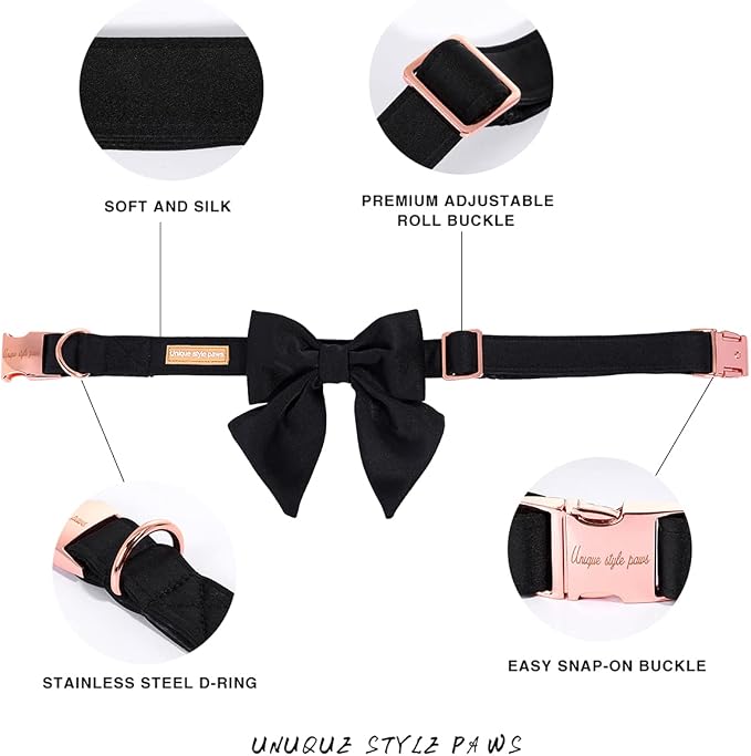 Unique style paws Silk Black Dog Collar with Bow, Adjustable, Durable, for Medium Dogs