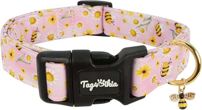 Dog Collar with Bees & Flowers Pattern, Spring Summer Collection Pink Dog Collar with Exquisite Pendant, Durable Adjustable Collars for Gifts & Daily Use-M
