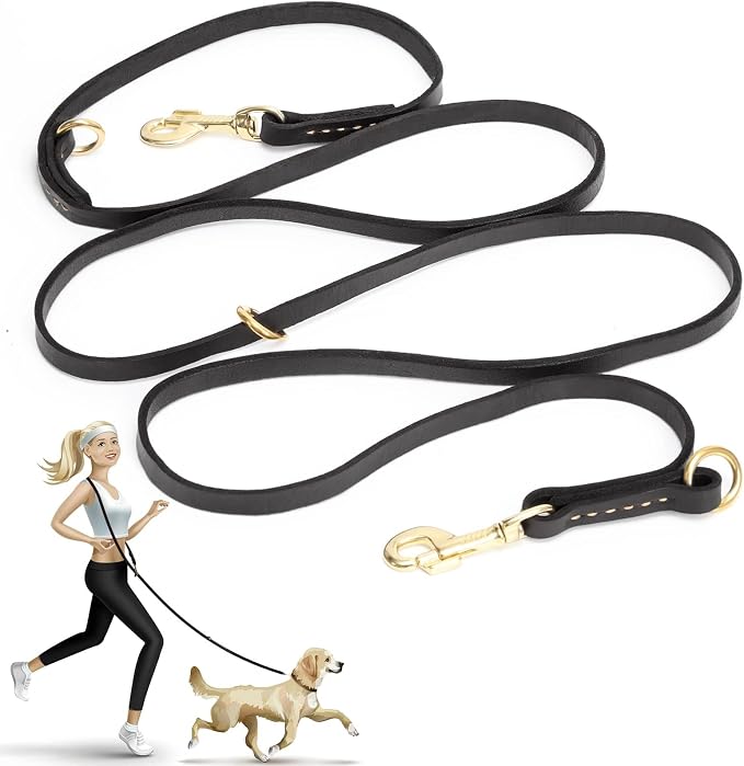 Leather Dog Leash 8ft, Soft Multi-Function 6 in 1 Leather Training Walking Lead, Hands Free Leash, Dual, Crossbody Pet Leashes for Medium and Large Dogs, Service Dogs (8 Foot*5/8", Black)