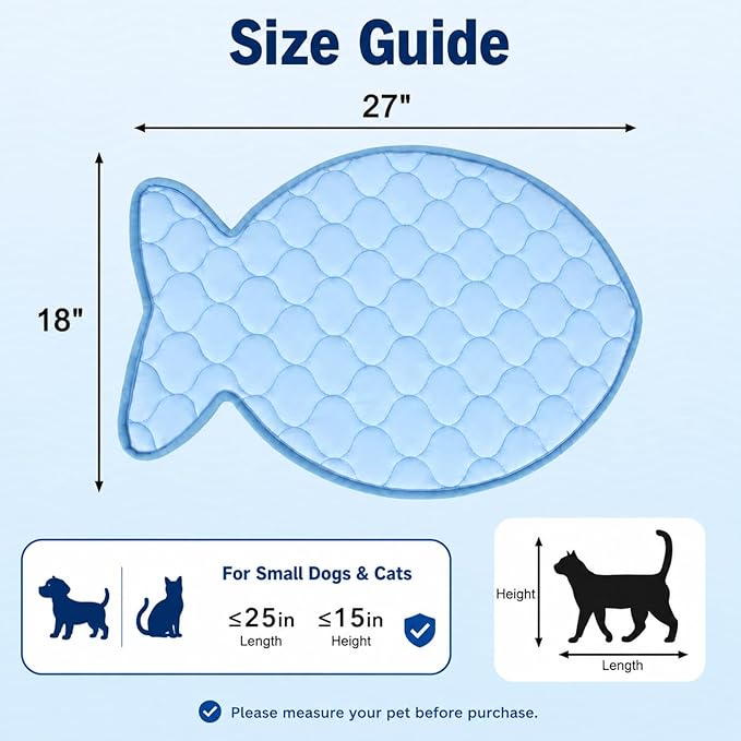 SZEE Cat Cooling Mat, Cooling Mat for Cats, with Ice Silk Fabric, Machine Washable, Fish-Shaped, for Bed, Sofa, Floor, Car Seat & Crate, with Anti-Slip Bottom (27” × 18”)