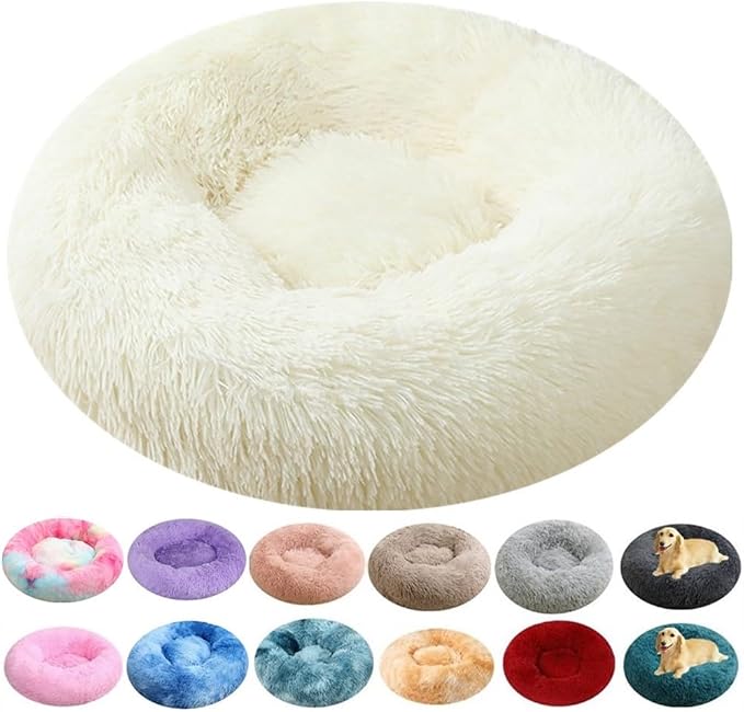 Calming Donut Dog Bed, 24 Inch Round Fluffy Cats Beds for Small Medium Dogs and Cats, Washable Anti-Anxiety Plush Dogs Beds Mute Base Warming Cozy Soft Pet Puppy Bed, White