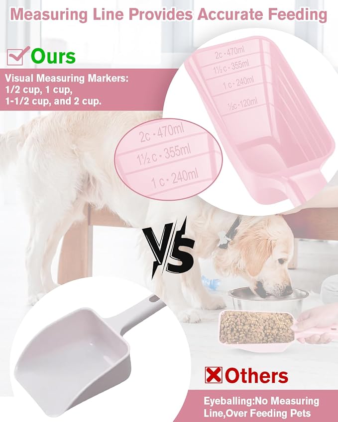 2 Cup Dog Food Scoop(2 Pack), Plastic Pet Food Scoop with Measuring Lines for Accurate Pet Food Portions,Dishwasher Safe (Grey and Pink)
