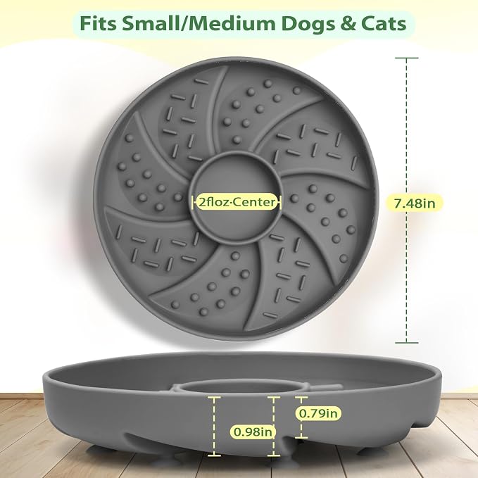 Silicone Dog & Cat Slow Feeder Bowl Lick Mat with Strong Suction Cups, Anti-Spill Design, Multi-Textured, Extend Mealtime, Reduce Anxiety, Dishwasher Safe, All Breeds & Ages (Grey)