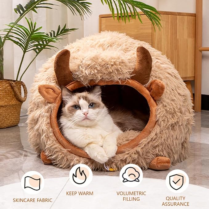 Cute Cat Bed Cave for Indoor Highland Cow Shaped Pet Plush House Self-Warming Nest Small Dogs Rabbits with Removable Cushion for Puppy Bed with Hanging Toy