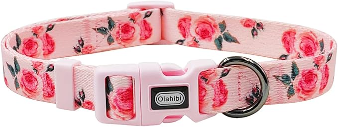 Dog Collar and Leash Set, Cute Rose Pattern, Polyester Material, 5ft Leash, for Puppy Dogs.(Extra Small,Pink Rose)
