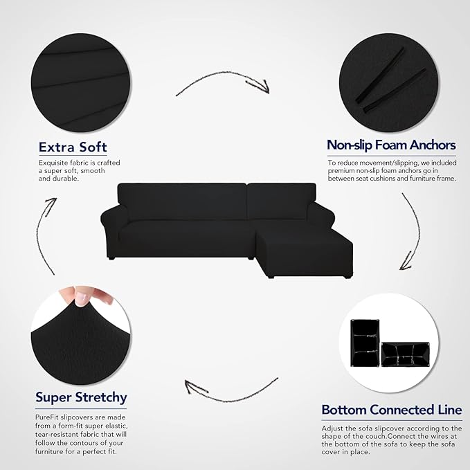 PureFit Super Stretch Sectional Couch Covers - 2 pcs Spandex Non Slip Sofa Covers with Elastic Bottom for L Shape Sectional Sofa Couch, Great for Kids & Pets (3 Seat Sofa + 2 Seat Chaise, Black)