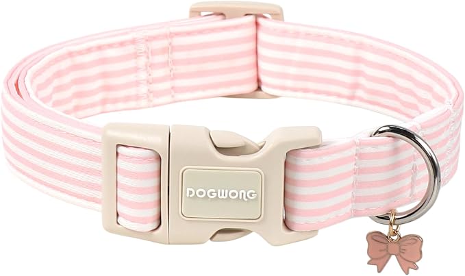 DOGWONG Pink Dog Collar, Spring Summer Stripped Dog Collar with Plastic Buckle, Soft Cotton Girl Dogs Collars for Medium Lrage Dogs, Neck 39-60 inches