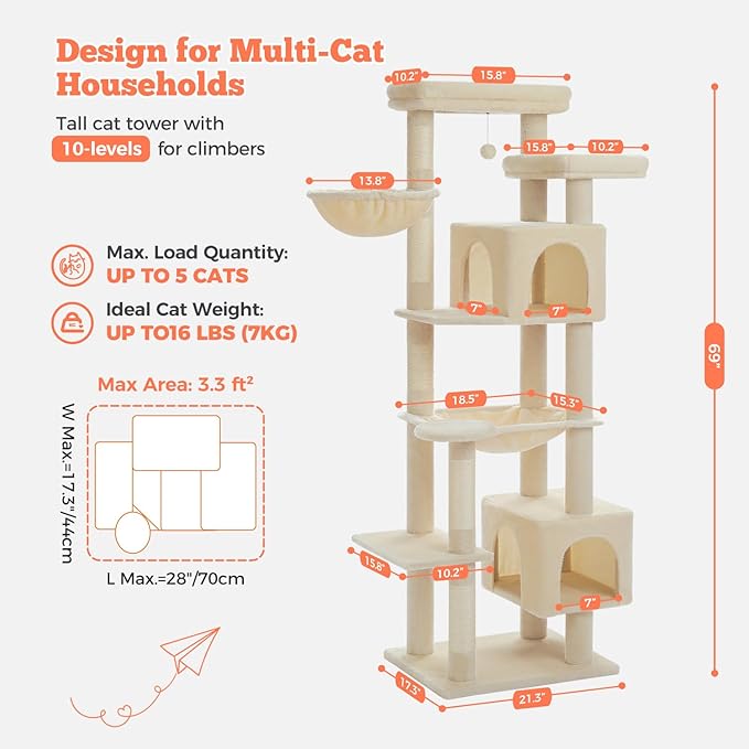 69” Tall Cat Tree for Indoor Cats Large Adult, Multi-Level Cat Tower with Scratching Post, Dual Top Perches, Big Hammock & 2 Spacious Condos, Cat Furniture for Multi-Cat Households, Beige