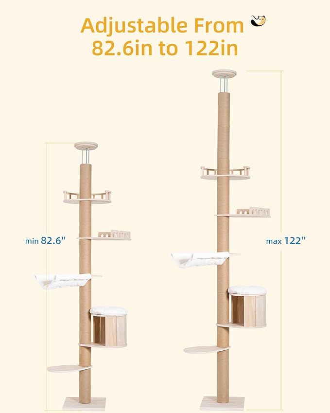 Aechonow Floor to Ceiling Cat Tree for Large Cats, Tall Cat Tower with Scratching Post, Adjustable Height(82-122 in), Large Condo Cave Bed Hammock for Indoor Cats, Wood