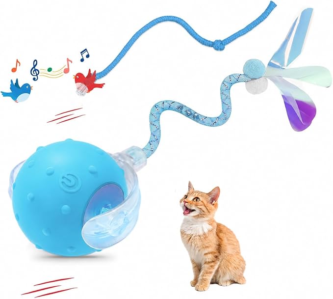 Interactive Smart Motorized Cat Toy Ball -Chirping, 2 Tails & 2 Speeds, USB Rechargeable Motion Activated Self Play Toy for Bored Indoor Cats & Kittens, Hunting Chase Teaser for Exercise & Enrichment