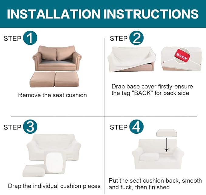 Turquoize 3 Piece Sofa Covers for 2 Cushion Couch Sofa Slipcover Soft Couch Cover for Dogs-Washable Sofa Furniture Cover with 2 Individual Cushion Covers, Jacquard Fabric (Loveseat, Porcelain White)