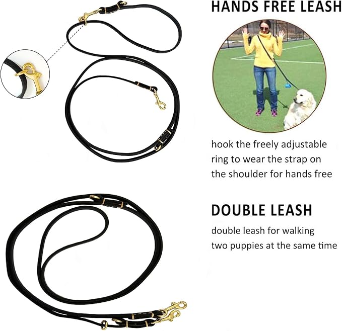 Multi Function 8ft Genuine Leather Hands Free Dog Training Leash for Puppy Small and Medium Dogs (8 Foot*3/8 inch, Black)