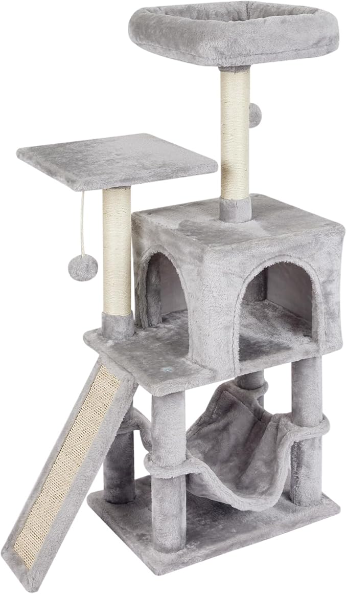 Grey Cute Cat Tree for Indoor Cat Tower with Scratching Post Modern Activity House Hammock Hanging Ball Condo with Board