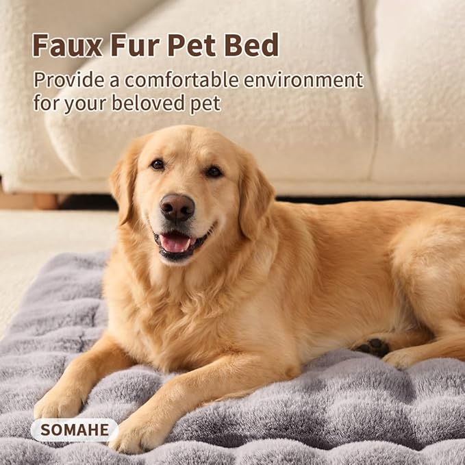 SOMAHE Large Dog Bed Mat, Extra Large Plush Faux Fur Washable Pet Bed for Large Dogs, Non-Slip Fluffy Dog Mat – Machine Washable XL Dog Sleeping Pad for Large Breeds, 35 x 27 Inch Grey