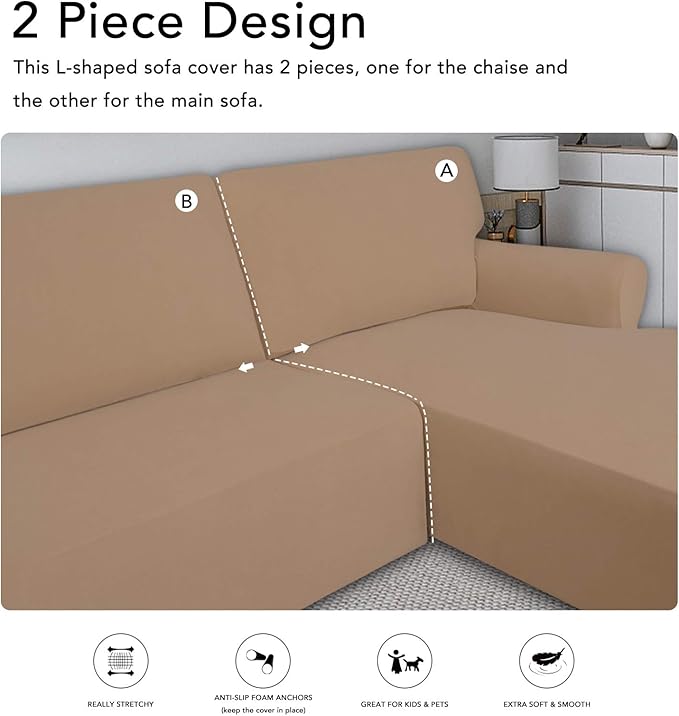 PureFit Super Stretch Sectional Couch Covers - 2 pcs Spandex Non Slip Sofa Covers with Elastic Bottom for L Shape Sectional Sofa Couch, Great for Kids & Pets (3 Seat Sofa + 3 Seat Chaise, Camel)