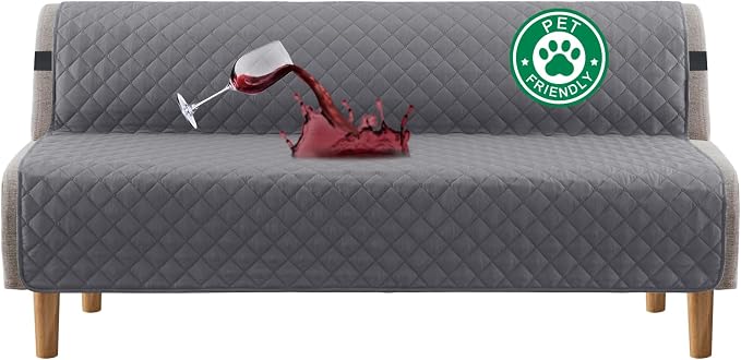 Turquoize 100% Waterproof Futon Cover Futon Slipcover Washable Armless Sofa Bed Slipcover Protector Seat Width Up to 70" with Adjustable Elastic Strap Anti-Slip for Dogs, Gray