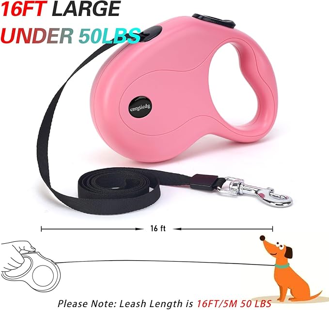 enrgticdg 16Ft Retractable Dog Leash,Light Weight Leash for Small to Medium Dogs/Cats Up to 50lbs,Stainless Steel Spring Strong Nylon Tape, Tangle Free, One-Handed Brake.(Pink-Black)