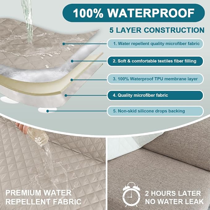 Turquoize 100% Waterproof Futon Cover Futon Slipcover Washable Armless Sofa Bed Slipcover Protector Seat Width Up to 70" with Adjustable Elastic Strap Anti-Slip for Dogs, Pale Oak