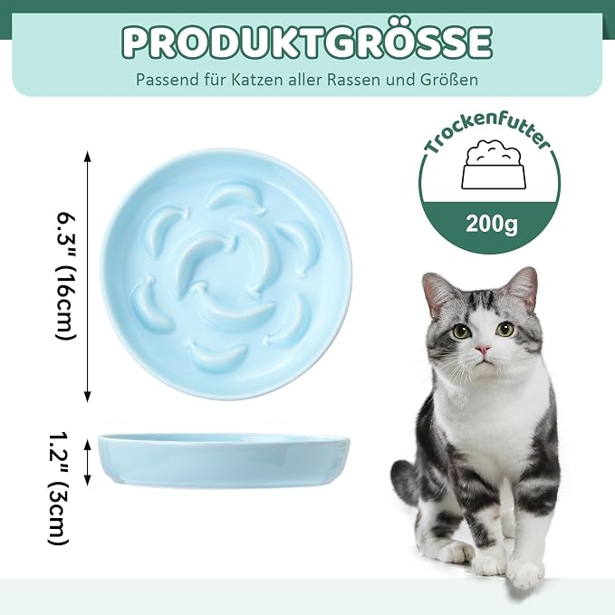 Ceramic Cat Slow Feeder Bowl - 6.3'' Wide Opening Whisker Friendly Cat Plate for Dry and Wet Food - Cute Maze Feeder Dish Helps Reduce Vomiting - Microwave and Dishwasher Safe - Blue