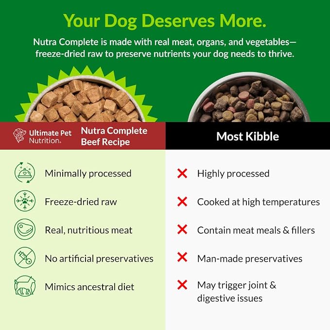 ULTIMATE PET NUTRITION Nutra Complete Freeze Dried Raw Dog Food, Veterinarian Formulated with Antioxidants, Prebiotics & Amino Acids (3 Pound, Beef)