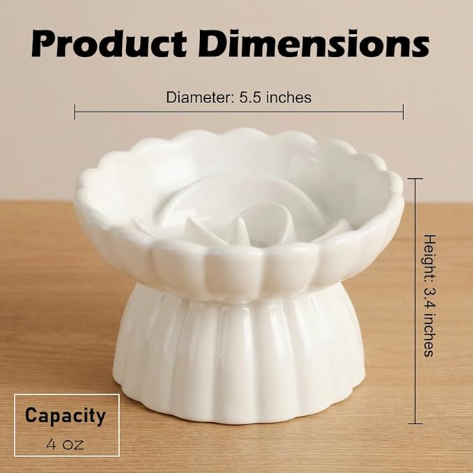 Ceramic Cat Slow Feeder, Raised Slow Feeder Cat Bowl, Anti Vomiting and Whisker Friendly Kitty Dish, Elevated Puppy Kitten Food Bowl for Dry and Wet Food (White)