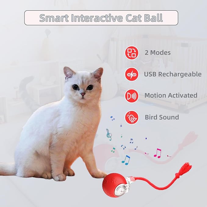 Interactive Cat Toy Ball with Red Tassel Tail, 3 Speed Modes Motion Activated Automatic Rolling Ball with Sound On/Off, USB Rechargeable Durable Toys for Cats & Kittens, Indoor Small Dogs