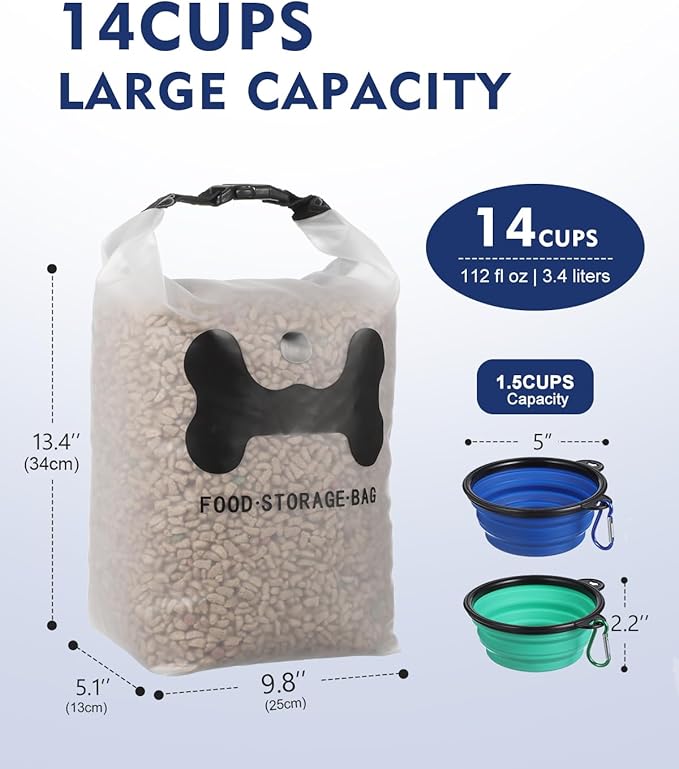 ANVS Silicone Pet Food Storage Bag,14-Cup Dog Food Bag with 2PCS Collapsible Travel Bowls, Perfect for Camping Trip, Dog Boarding, Weekend Getaways and Travel