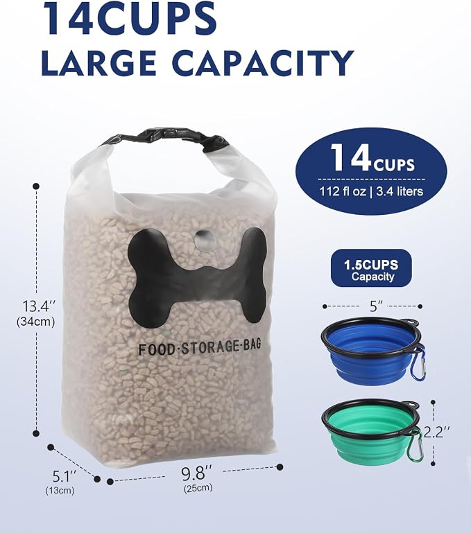 ANVS Silicone Pet Food Storage Bag,40-Cup Dog Food Travel Bag with 2PCS Collapsible Bowls, Perfect for Camping Trip, Dog Boarding, Weekend Getaways and Travel