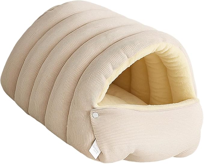 Plush Pet Cave Bed with Removable Cushion, Warm Hideaway for Cats & Dogs, Washable, XL Size (Light Beige)
