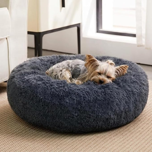 WNPETHOME Calming Dog Beds for Large Dogs, Anti-Anxiety Donut Large Pet Bed, Fluffy Faux Fur Plush Dog Bed，Warming Cozy Soft Round Pet Bed for Jumbo Dogs, Cat Cuddler Cushion Bed
